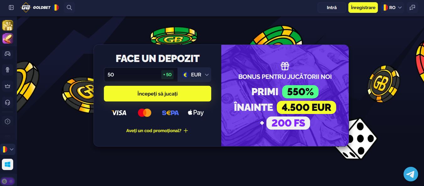 Vizitați pagina principală Goldbet și înregistrați-vă pentru a primi bonus de bun venit 